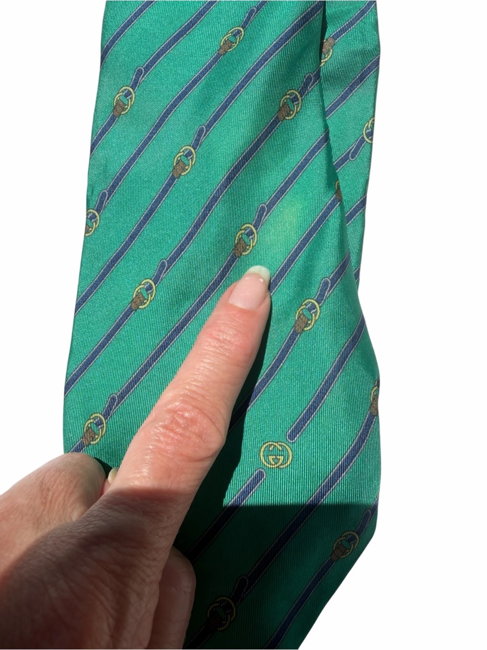 Gucci Green Tie with Navy Diagonal Stripes and Gold Motifs vintage repurpose - Picture 6 of 10